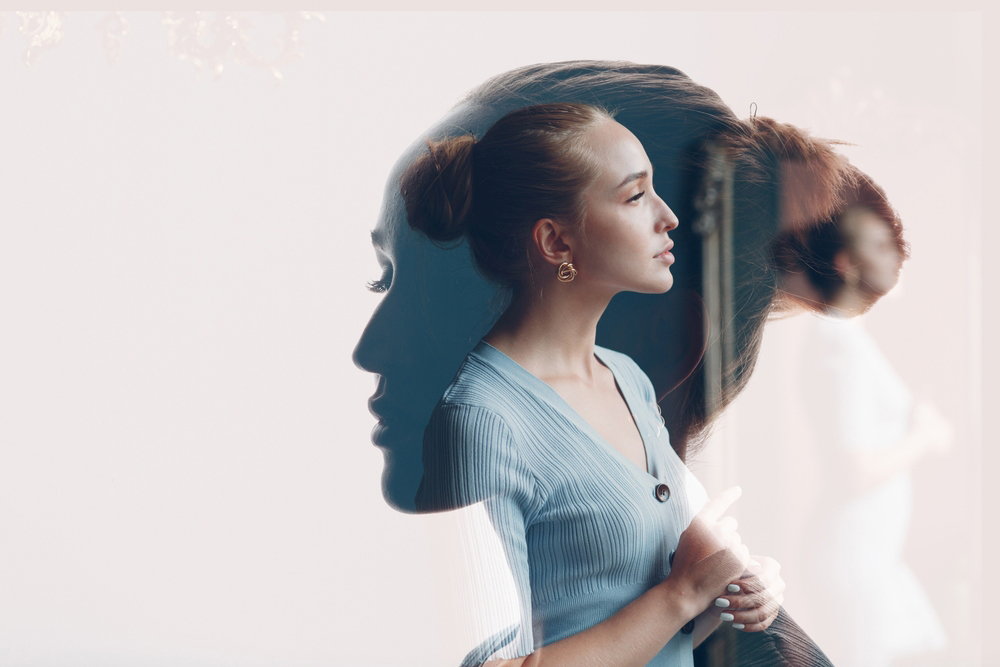Multiple exposure portrait of european american caucasian woman with serious sad facial expression. Mental health, depression and emotions concept.